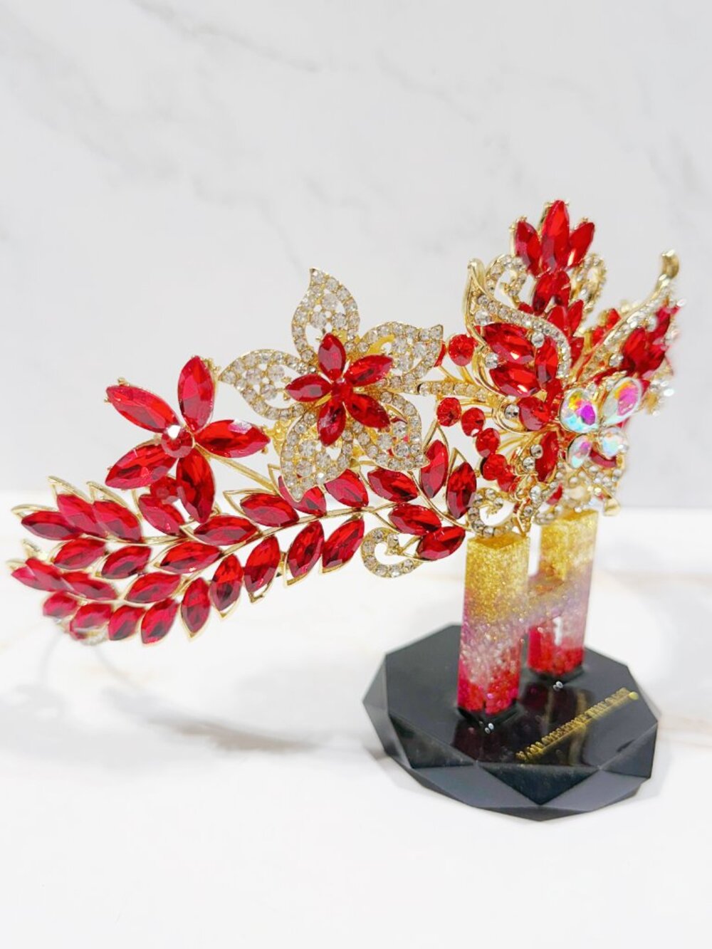 Red Crystal Butterfly Tiara Crown Gold Tone Pageant Prom Wedding Headpiece - Picture 5 of 8